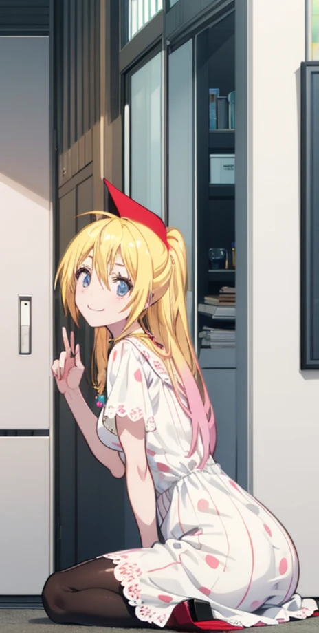 ,chitoge kirisaki smile, waring a white spotted dress, necklace, 