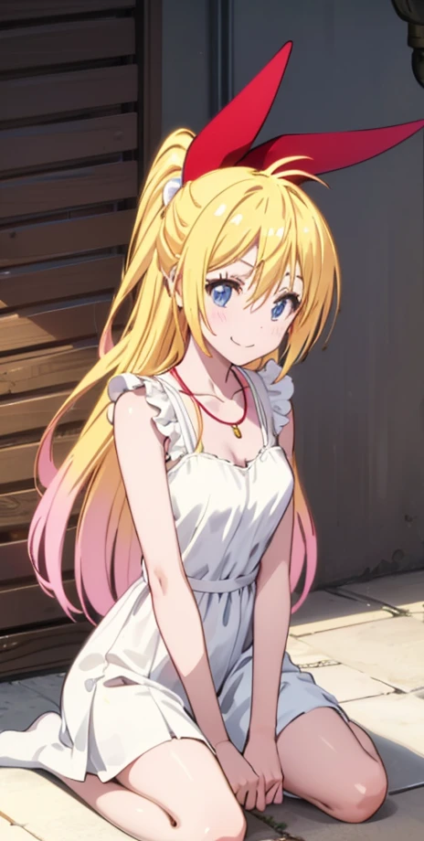 ,chitoge kirisaki smile, waring a white spotted dress, necklace, 