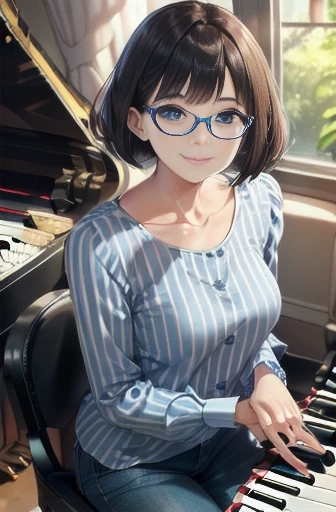 (((Music Room)))((( leaning on a piano :1.5)))、 Mature Woman 、  top quality、 超 high image quality 、  high image quality 、High quality CG 、8K wallpaper、Age 30、  with beautiful details 、  wearing black-rimmed glasses 、((  straight bob hair up to the shoulder  ))、((( blue striped long sleeve shirt blouse:1.5)))(((  wears white pants )))、(((  dark tanned skin  )))、(  shiny body  、 medium chest :1.5)、  embarrassing 、( smile:1.5)、