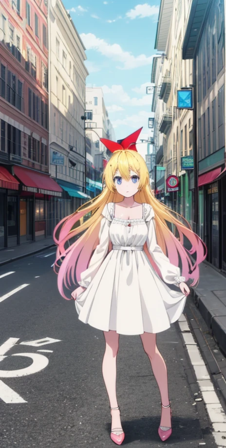 1girl, solo, (masterpiece), high quality, UHD, chitoge kirisaki, long hair, blue eyes, blonde hair, ribbon, hair between eyes, very long hair, hair ribbon, multicolored hair, red ribbon, gradient hair, polka dot dress, long sleeves, city, daytime, looking at viewer, pink shoes full body, Kirisaki Chitoge \(Nisekoi\), masterpiece:1.2),(best quality:1.2),(very aesthetic:1.2), cleavage, outdoors, (detailed background),newest, intricate, ai-generated, vibrant colors,