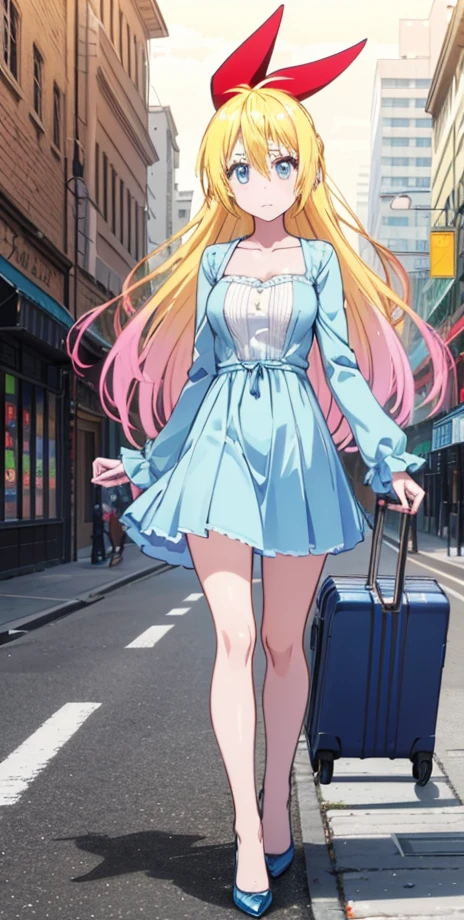 1girl, solo, (masterpiece), high quality, UHD, chitoge kirisaki, long hair, blue eyes, blonde hair, ribbon, hair between eyes, very long hair, hair ribbon, multicolored hair, red ribbon, gradient hair, polka dot dress, long sleeves, city, daytime, looking at viewer, pink shoes full body, Kirisaki Chitoge \(Nisekoi\), masterpiece:1.2),(best quality:1.2),(very aesthetic:1.2), cleavage, outdoors, (detailed background),newest, intricate, ai-generated, vibrant colors,