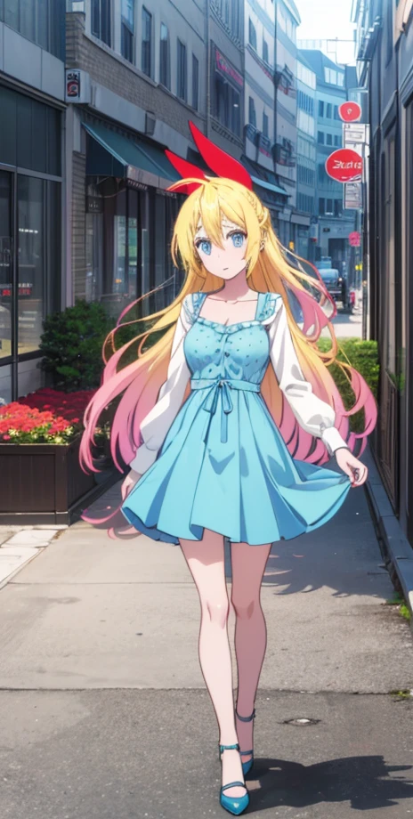 1girl, solo, (masterpiece), high quality, UHD, chitoge kirisaki, long hair, blue eyes, blonde hair, ribbon, hair between eyes, very long hair, hair ribbon, multicolored hair, red ribbon, gradient hair, polka dot dress, long sleeves, city, daytime, looking at viewer, pink shoes full body, Kirisaki Chitoge \(Nisekoi\), masterpiece:1.2),(best quality:1.2),(very aesthetic:1.2), cleavage, outdoors, (detailed background),newest, intricate, ai-generated, vibrant colors,