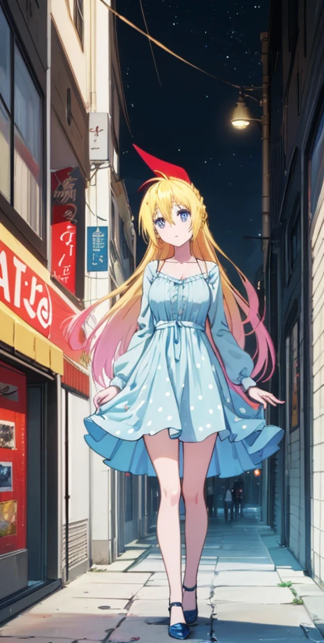 1girl, solo, (masterpiece), high quality, UHD, chitoge kirisaki, long hair, blue eyes, blonde hair, ribbon, hair between eyes, very long hair, hair ribbon, multicolored hair, red ribbon, gradient hair, polka dot dress, long sleeves, city, daytime, looking at viewer, pink shoes full body, Kirisaki Chitoge \(Nisekoi\), masterpiece:1.2),(best quality:1.2),(very aesthetic:1.2), cleavage, outdoors, (detailed background),newest, intricate, ai-generated, vibrant colors,