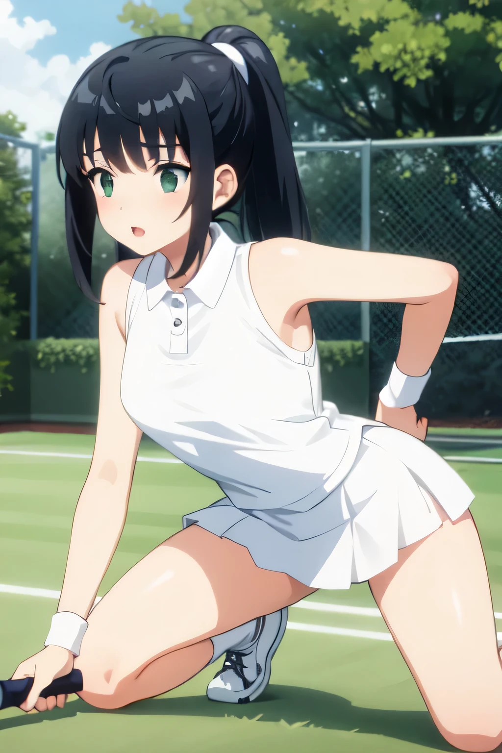 nsfw. She is wearing a white tennis outfit, with her white undergarments visible. She holds a single tennis racket with both hands in a poised and focused manner. The lush green grass tennis court stretches out in the background. This scene radiates elegance, power, and athletic skill. Masterpiece , top quality.