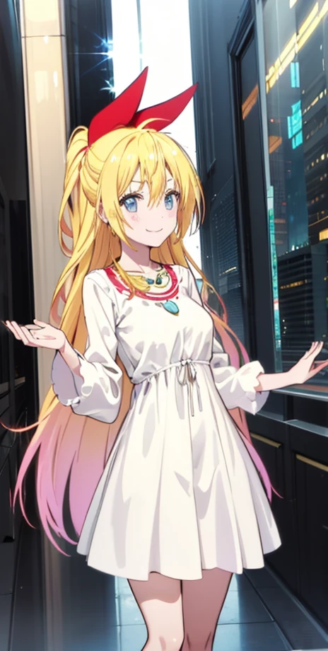 ,chitoge kirisaki smile, waring a white spotted dress, necklace, standing, polka dot dress, puffy shirt sleeves, 