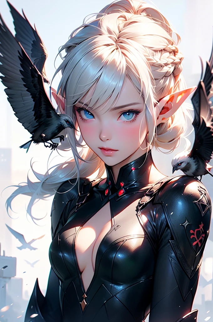 anime girl with a gun and birds flying around her, concept art by Yang J, cgsociety contest winner, fantasy art, guweiz on artstation pixiv, guweiz on pixiv artstation, 2. 5 d cgi anime fantasy artwork, ross tran 8 k, stunning character art, artwork in the style of guweiz, anime fantasy artwork, A portrayal of a sweet elf girl standing with a gun in hand, radiating a sense of determination and strength, style by Yoji Shinkawa, full body, dynamic pose, perfect anatomy, Fantasy art style, soul, approach to perfection, cell shading, 8k, cinematic dramatic atmosphere, watercolor painting, BREAK perfect face, details eye, ((elf:1.4)), (1girl), (hairstyle:1.6), (messy hair), (white hair), Plump lips, blue eyes, happy expression, medium breast.