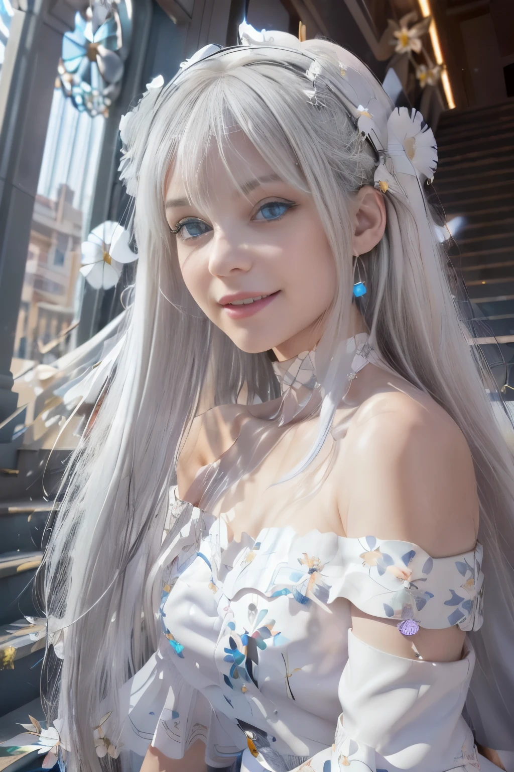 1girl in,  Long hair, Straight hair, Sparkling eyes, PUPILS SPARKLING, longeyelashes, makeup, Smile, Modern, depth of fields, One-person viewpoint, POV, close-up, Wide Shot, From below, wide angles, F/1.8, 135 mm, canon, nffsw, retinas, ((A girl standing in front of the theater stairs)）、 （Golden white hair）((A girl standing in front of the theater stairs)）、((posterior view))、((Looks Back)),(portlate、bright expression、Young shiny shiny white shiny skin、Best Looks、ultimate beauty girl、The most beautiful platinum blonde hair in the world、shiny light hair,、Super long silky straight hair、Beautiful bangs that shine、Glowing crystal clear attractive blue eyes、Very beautiful nice cute  girl、Lush bust、、 Silver hair, Bangs, Blunt bangs, Long straight hair, aqua eyes, longeyelashes, Solid Circle Eyes, makeup, Open mouth, blush, Parted lips, Bright pupils, smiley, Seductive smile, glint, surrealism, Modern、Black pantyhose、high-heels、mix４、（(White floral dress、、off shoulders、a miniskirt: 1.6)）、Skyscrapers are hazy in the windows、((Skirt flutters in the wind、soar:1.4)),((Raise the hem of the skirt with your hands)),(White lace panties are visible)