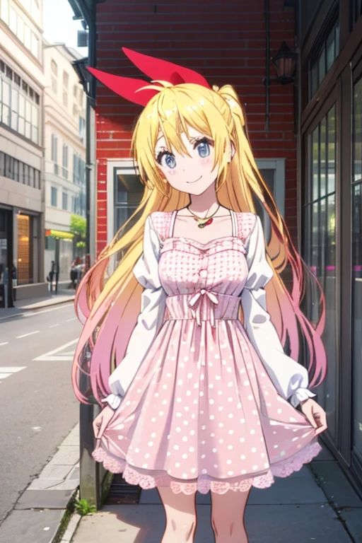 ,chitoge kirisaki smile, waring a pink polka dot dress, necklace, standing, polka dot dress, puffy shirt sleeves, collarbone, 