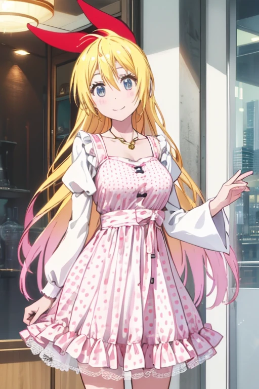 ,chitoge kirisaki smile, waring a pink polka dot dress, necklace, standing, polka dot dress, puffy shirt sleeves, collarbone, 