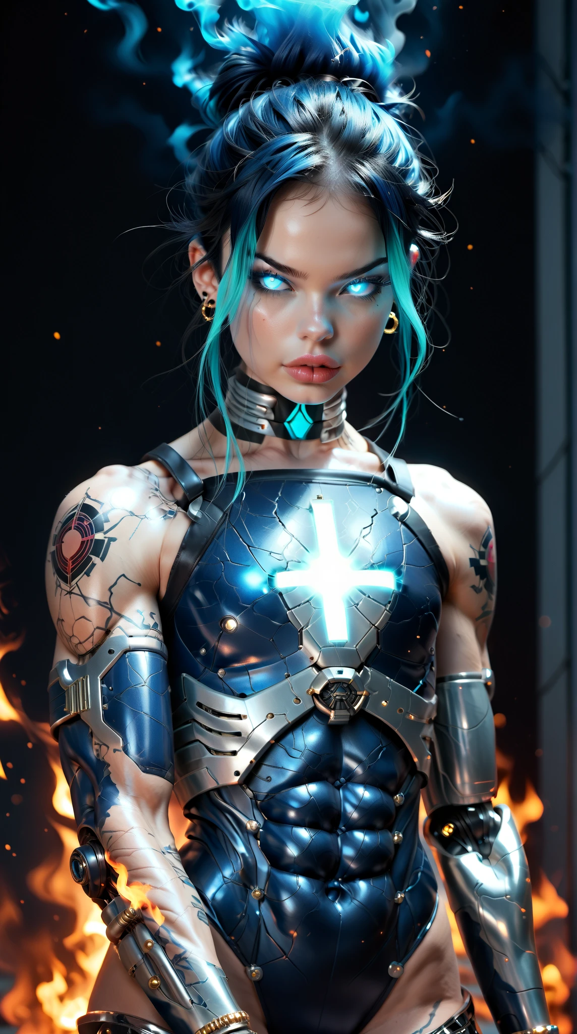 score_9, score_8_up, score_7_up, (full body shot), (1 girl), (asian), beautiful teenage (skinny) muscular goth cyborg girl, (blue burning cyborg body:1.5), (black sclera:1.5), (blue glowing eyes:1.5), (blue glowing fire veins:1.5), (flat chest:1.25), (blue glowing fire hair:1.25), (beautiful face:1.25), (bodybuilder muscular physique:1.25), (skinny long legs:0.75), (intricate gold filigree:1.25), bimbo lips, blue fire, (blue burning cyborg arms:1.25), (blue burning cyborg legs:1.25), (blue burning cyborg torso:1.25), neon lights, gothic neon style, cyber punk style, super realistic image, beautiful digital paint , hyper Realistic illustrations, DonMC3l3st14l3xpl0r3rsXL, CyberRealistic_Negative_PONY-neg,CyberRealistic_Negative_PONY