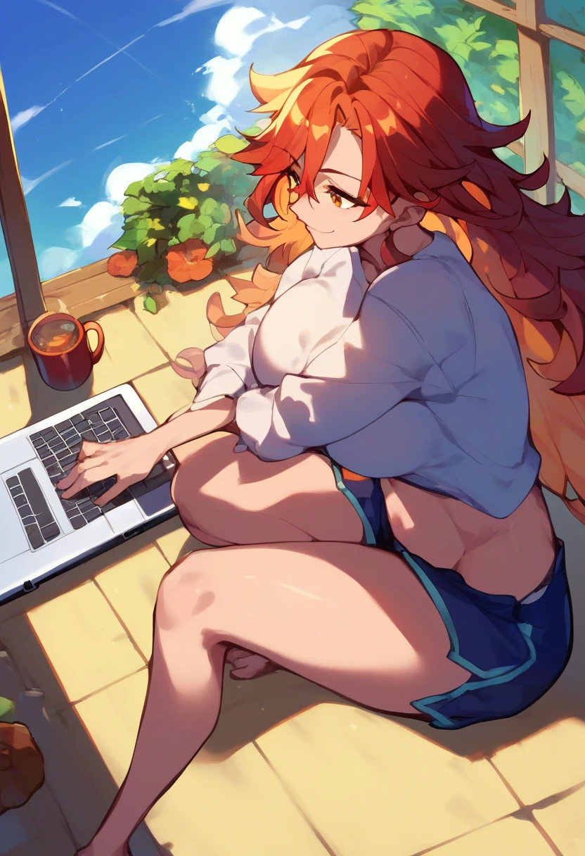 sCore_9,sCore_8_above,Core_7_above,   mavuika-gi    ,  a girl, d cup breasts, alone, long hair, neckline,    big breasts , sky, blows, smile, outdoors,  Body, day, soft thighs, adult, I was wearing a ,  top and shorts working on a laptop,  living room , home, cuernos de dragón en su cabeza