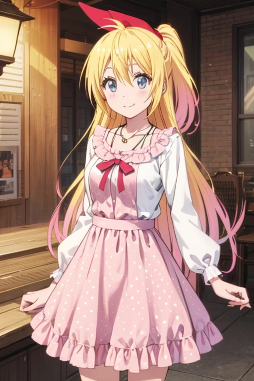 ,chitoge kirisaki smile, waring a pink polka dot dress, necklace, standing, polka dot dress, puffy shirt sleeves, collarbone, Looking at viewer, High Quality, Best Quality, HD, 