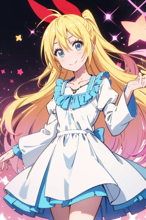 ,chitoge kirisaki smile, waring a pink polka dot dress, necklace, standing, polka dot dress, puffy shirt sleeves, collarbone, Looking at viewer, High Quality, Best Quality, HD, 