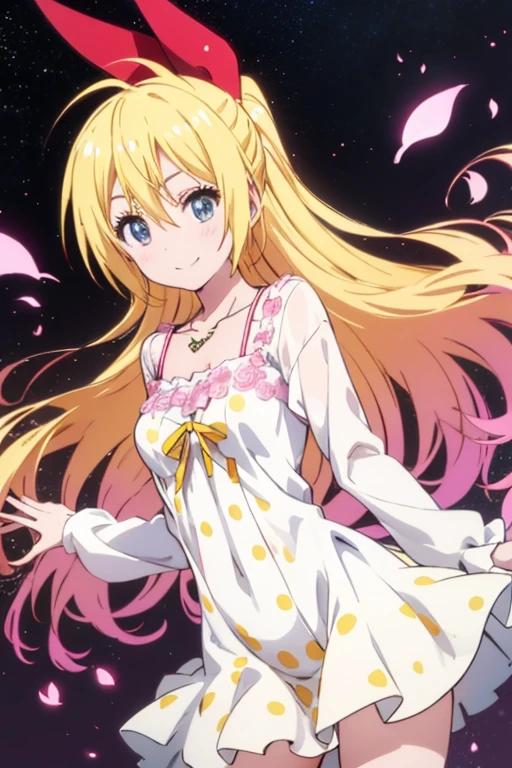 ,chitoge kirisaki smile, waring a pink polka dot dress, necklace, standing, polka dot dress, puffy shirt sleeves, collarbone, Looking at viewer, High Quality, Best Quality, HD, 