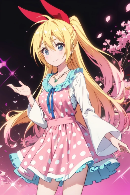 ,chitoge kirisaki smile, waring a pink polka dot dress, necklace, standing, polka dot dress, puffy shirt sleeves, collarbone, Looking at viewer, High Quality, Best Quality, HD, 