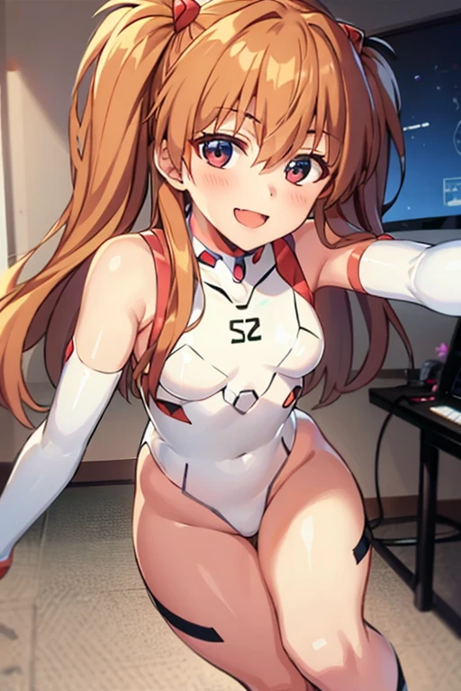 (( top quality)), ((masterpiece)), (be familiar with),  perfect face, indoor, bedroom,  watching viewers ,
One woman,  Soryu Asuka Langley,
 open mouth,  with an ecstatic expression , blush, smile,
 small tits,  flat chested, Young girl, Lori,  s,  girl,
 long hair,  twin tails,
Leg spread,