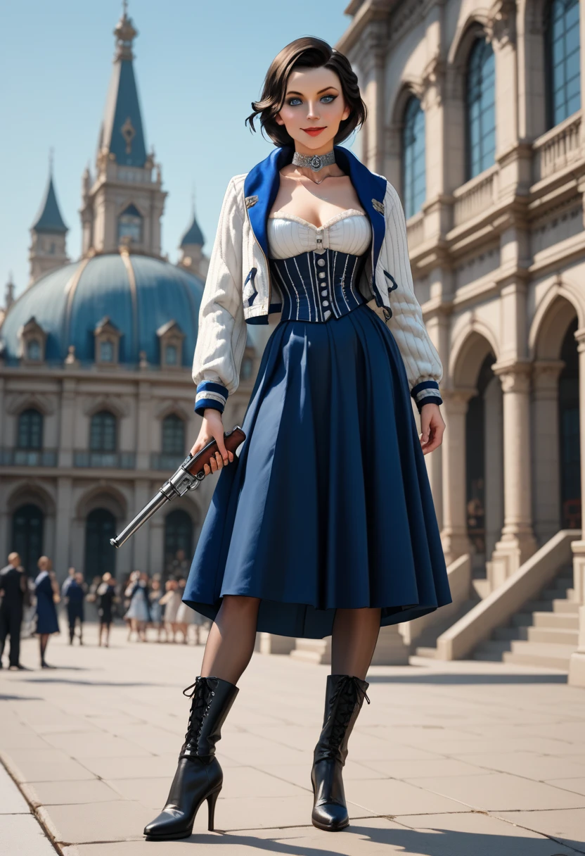 1woman, solo; Elizabeth Comstock from "Bioshock Infinite"; long loose hair gathered in a low ponytail, dark hair, pale skin, blue eyes, red lips, light smile, ultra-detailed face, detailed eyes; ribbed white corset with open top, tightly fitted blue bolero jacket, silver detailing on jacket, (cameo choker necklace), blue full a-line skirt, high slits in skirt, black detailing on skirt, (opaque pantyhose), {{calf-high black boots with low heels}}; wielding hand canon revolver, ((modeling poses)), late 19th century American architecture backdrop; 8k, 16k, high resolution, highres