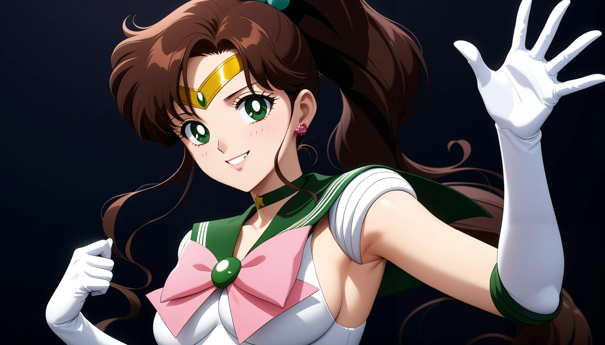 (masterpiece, best quality, very aesthetic, ultra detailed), intriguing details, 4K, sexy smile, aajupiter, long hair, ponytail, hair bobbles, tiara, earrings, green eyes, green choker, green sailor collar, pink bowtie, white shirt, white leotard, elbow gloves, white gloves, pink bow, black night, simple background, waving, close up, portraid