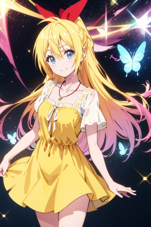 ,chitoge kirisaki smile, waring a butterfly dress, necklace, standing, yellow dress, short sleeves, collarbone, Looking at viewer, High Quality, Best Quality, HD, 