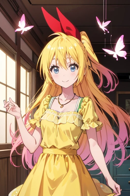 ,chitoge kirisaki smile, waring a butterfly dress, necklace, standing, yellow dress, short sleeves, collarbone, Looking at viewer, High Quality, Best Quality, HD, 