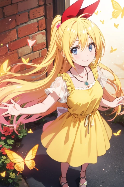 ,chitoge kirisaki smile, waring a butterfly dress, necklace, standing, yellow dress, short sleeves, collarbone, Looking at viewer, High Quality, Best Quality, HD, 