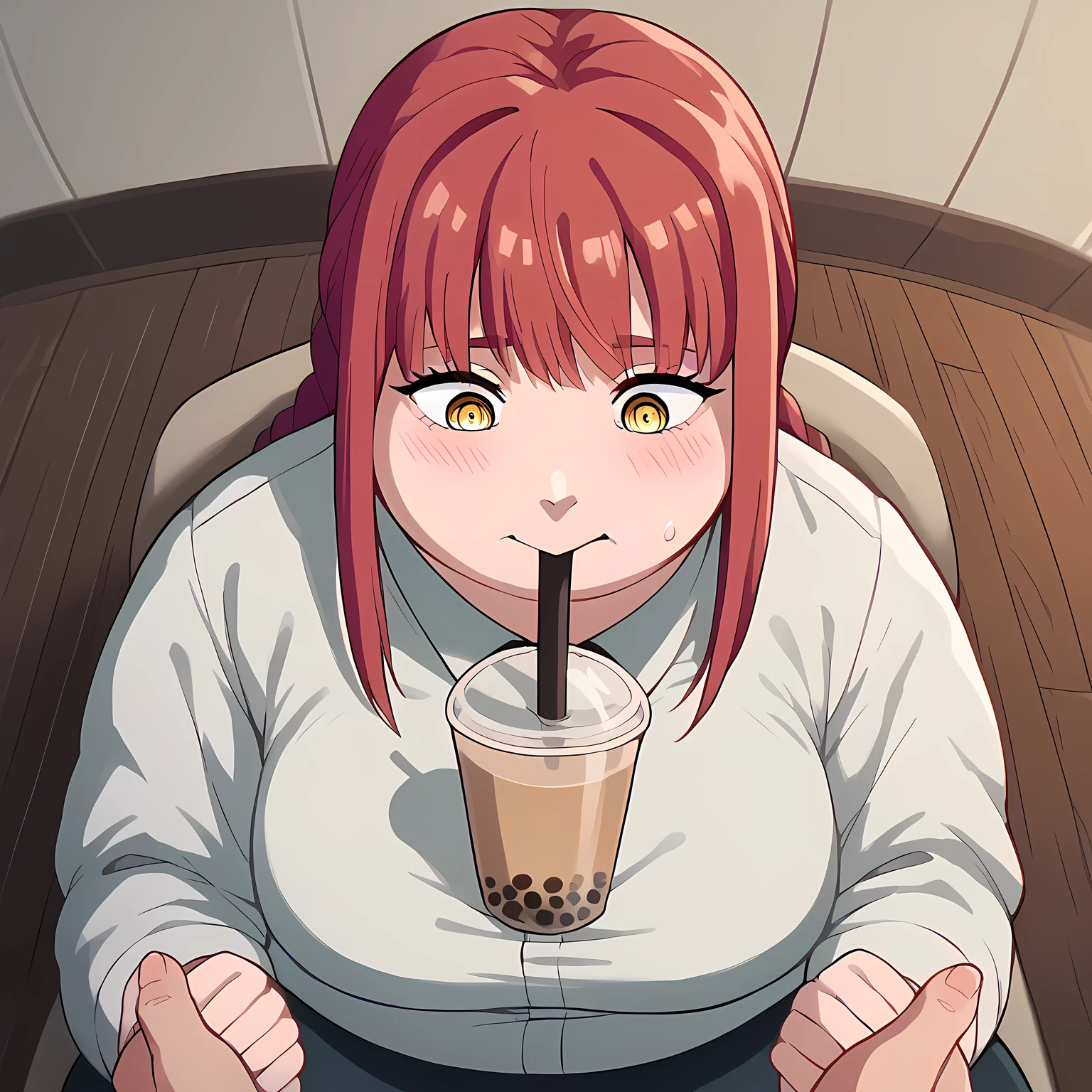 score_9, score_8_up, score_7_up, source_anime, makima, makima, long hair, smile, bangs, yellow eyes, braid, red hair, braided ponytail, ringed eyes,, bubble tea challenge, bubble tea, object on breast, drinking straw, drinking straw in mouth, drinking, cup,, indoors, sitting, looking down,, cowboy shot, dutch angle, swollen face, fat, chubby, obese, open mouth, out of breath, absurdres, highres icon, rating:General, confused, blush, {flustered}, nervous sweating, portrait, pov hands, hand on another's cheek, averting eyes, [looking away], straight-on, from above,  upper body, masterpiece, best quality, ultra-detailed, high resolution, 8K, 