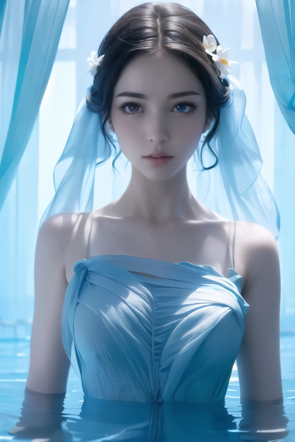 (Best Quality, Masterpiece:1.4), (Realism:1.2), (Realisitc:1.2), (Absurdres:1.2), (photorealistic:1.3), 1girl,Realistic Skin,Solo,( Very Big Eyes,beautiful detailed eyes, symmetric eyes),upper body,water,flower,blue theme,dress,moon,