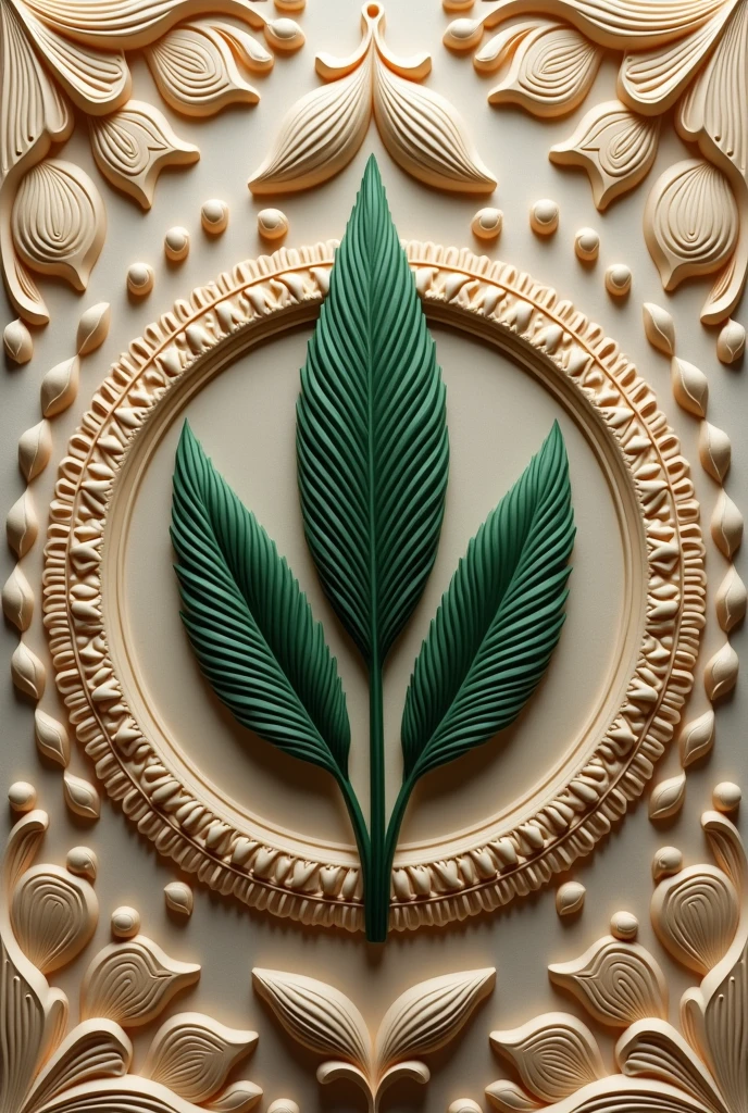  Top Center Section
Main motif :
 In the center of the top cover there are decorative elements in the form of three symmetrical leaves .
 These leaves have an oval-lanceolate shape with a pointed tip ,  each extending from the center point .
 color gradation :  Leaves have natural green gradations ,  starting from the dark green color at the base ,  fading to a lighter green at the edge .
Leaf Veins :  Each leaf blade features fine veins radiating naturally from the base towards the tip ,  gives a realistic and organic feel .
 Leaves are surrounded by elements such as petals or wavy bands which forms a soft circle,  accentuates focus on central leaf .
2.  Ornamental Circle
Design Circle :
 Right around the central leaf ,  there are carved circles with patterns repeating resembling a small carved relief .
 This circle serves as a frame ,  accentuates the leaf elements in the center .
 The pattern features details such as textured stripes resembling lace motifs ,  gives a subtle yet elegant feel .
3.  Radial Leaves in the Second Circle
Additional Motif :
 Circling the upper cover ,  there is an arrangement of additional leaves shaped smaller and curved .
 These leaves have a uniform size ,  arranged in a circular direction ,  creates visual harmony .
texture:  Like the central leaf ,  These leaves have fine vein carvings protruding from the surface relief .
4.  Transition to Main Body
Relief Boundary :
 Below the leaf circle there is a transition in the form of ribbon carving or textured lines ,  separating the top cover from the main body .
 This carving detail is simpler than the top ,  but maintaining the continuity of the design .
5.  Three-Dimensional Effect
Relief :
 Each element at the top has a significant engraving depth ,  creates a three-dimensional impression .
 The surface looks like it was sculpted with very precise detail ,  gives a luxurious and elegant impression .
