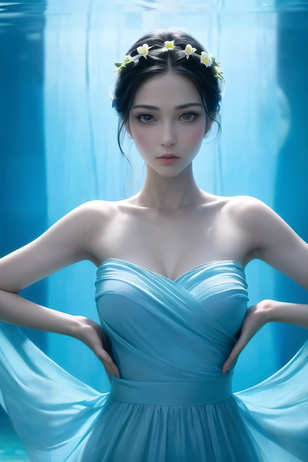 (Best Quality, Masterpiece:1.4), (Realism:1.2), (Realisitc:1.2), (Absurdres:1.2), (photorealistic:1.3), 1girl,Realistic Skin,Solo,( Very Big Eyes,beautiful detailed eyes, symmetric eyes),upper body,water,flower,blue theme,dress,moon,