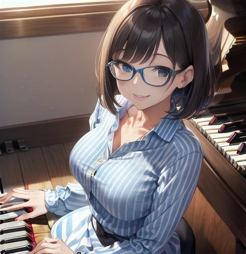 (((Music Room)))((Leaning on a piano :1.5)))、  mature woman 、 top quality、超  is high definition 、  is high definition 、Fine CG、8k wallpaper、Age 30、 beautiful thin hanging eyes、  wearing black-rimmed glasses 、(( straight bob hair up to the shoulder ))、(((Blue Striped Long Sleeve Shirt Blouse:1.5)))((( I'm wearing white pants  )))、(((  dark tanned skin )))、(  shiny body  、medium breast:1.5)、  embarrassing 、( smile:1.5)、