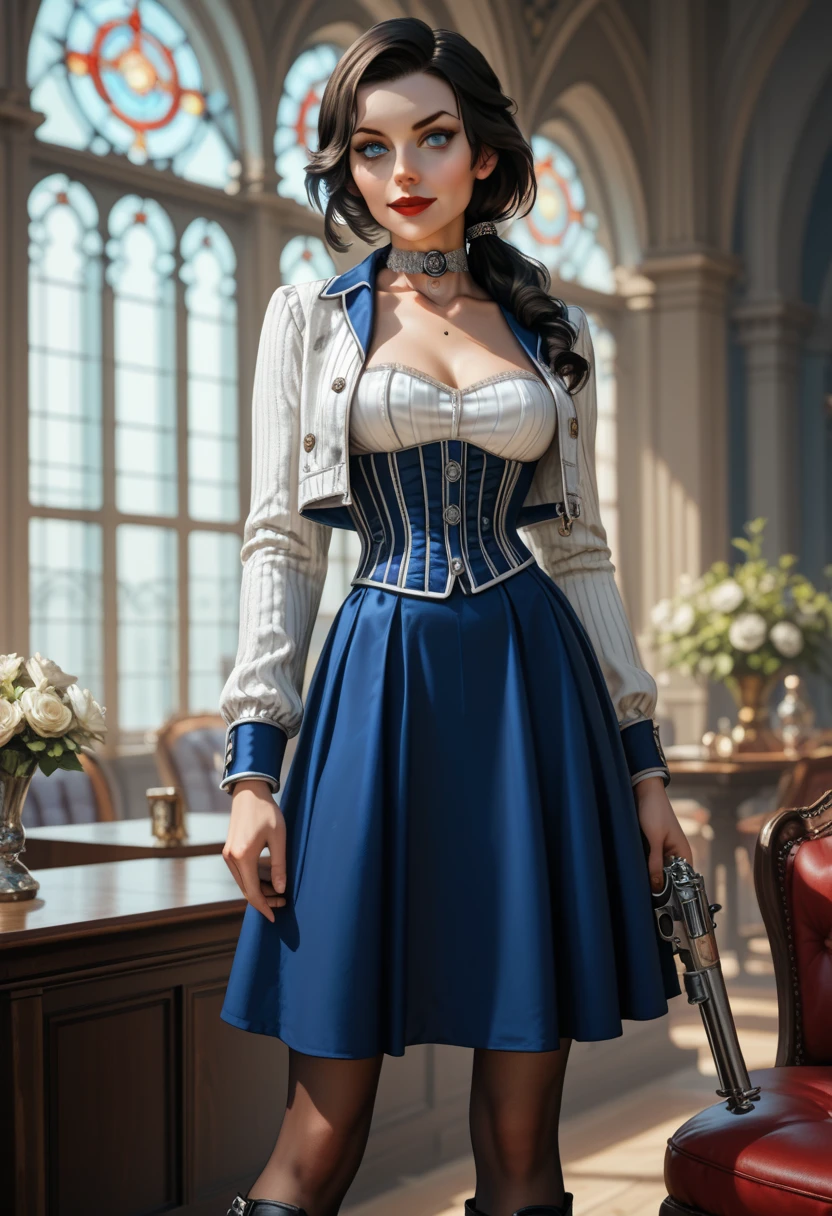 1woman, solo; Elizabeth Comstock from "Bioshock Infinite"; long loose hair gathered in a low ponytail, dark hair, pale skin, blue eyes, red lips, light smile, ultra-detailed face, detailed eyes; ribbed white corset with open top, tightly fitted blue bolero jacket, silver detailing on jacket, (cameo choker necklace), blue full a-line skirt, high slits in skirt, black detailing on skirt, (opaque pantyhose), {{calf-high black boots with low heels}}; wielding hand canon revolver, ((modeling poses)), (cowboy shot); 8k, 16k, high resolution, highres