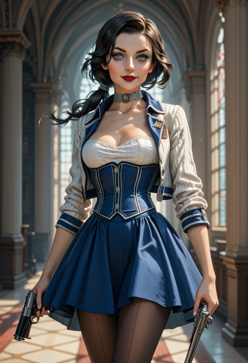 1woman, solo; Elizabeth Comstock from "Bioshock Infinite"; long loose hair gathered in a low ponytail, dark hair, pale skin, blue eyes, red lips, light smile, ultra-detailed face, detailed eyes; ribbed white corset with open top, tightly fitted blue bolero jacket, silver detailing on jacket, (cameo choker necklace), blue full a-line skirt, high slits in skirt, black detailing on skirt, (opaque pantyhose), {{calf-high black boots with low heels}}; wielding hand canon revolver, ((modeling poses)), (cowboy shot); 8k, 16k, high resolution, highres