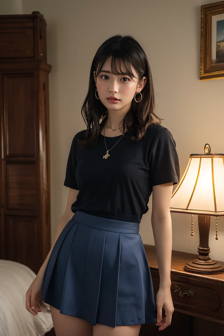 (Highest quality:1.4),(masterpiece:1.4),(Realistic:1.4),(Realistic:1.2),(超High resolution, RAW Photos:1.4),(High resolution, Ultra-detailed:1.2),(8k:1.2),View your viewers,Cinematic photography,One girl,skeletally correct,Black-haired woman,Woman in her early 20s,(Small earrings,necklace,Metallic Dresses),(Western-style building interior,Dimly lit room,The lamplight shines on my cheeks)