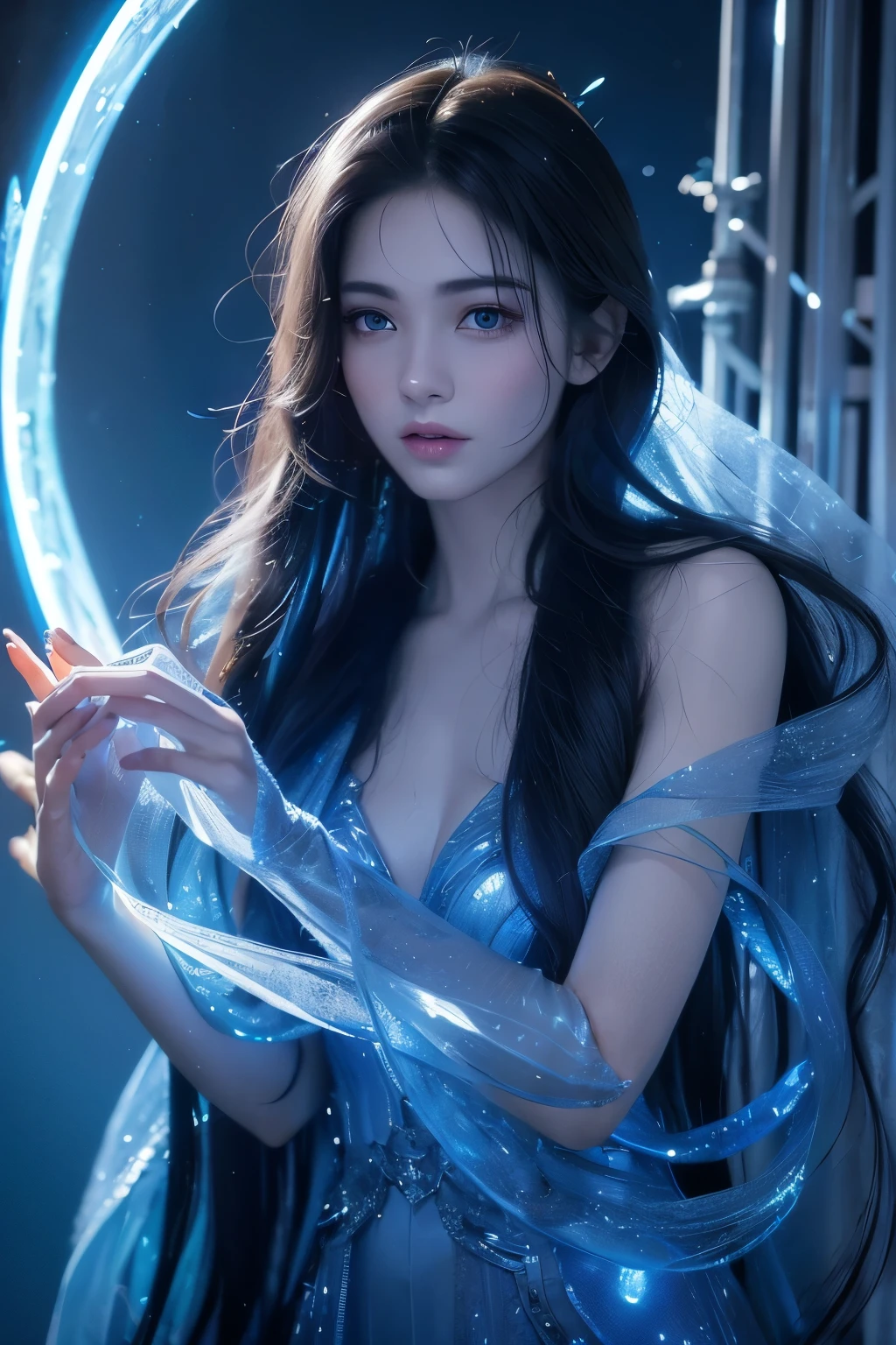 Full figure, seven -clinging shooting, 18 years old, wearing transparent science fiction clothes, exquisite faces, details, hands, ultimate details, amazing magnificence, LED internal lighting, Pedaipan style, fiber hair, glowing blue iris, glowing blue iris. ,,