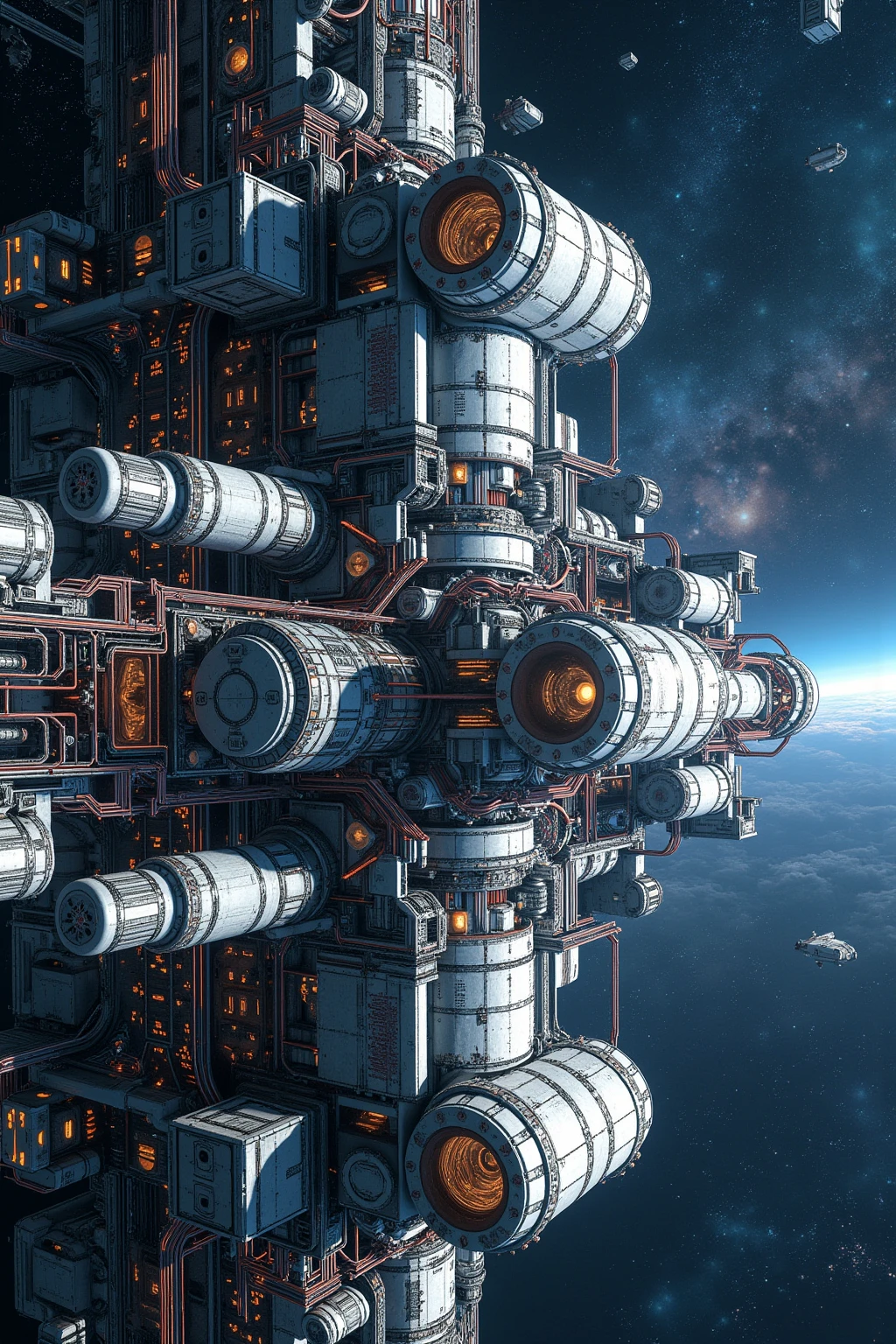 Huge structure\(space base,space station.3d,realistic,huge, gigantic, very detailed.great focus of station, beautiful bokeh, mechanical parts, cable, wires, machinery,dynamic angle,drifting galaxy,glowing, complex, labyrinth-like structure\),many space ships. masterpiece, best quality, perfect anatomy , very aesthetic , absurdres. at outer space,dynamic angle,Perspective distortion,telephoto, asymmetry,geographic