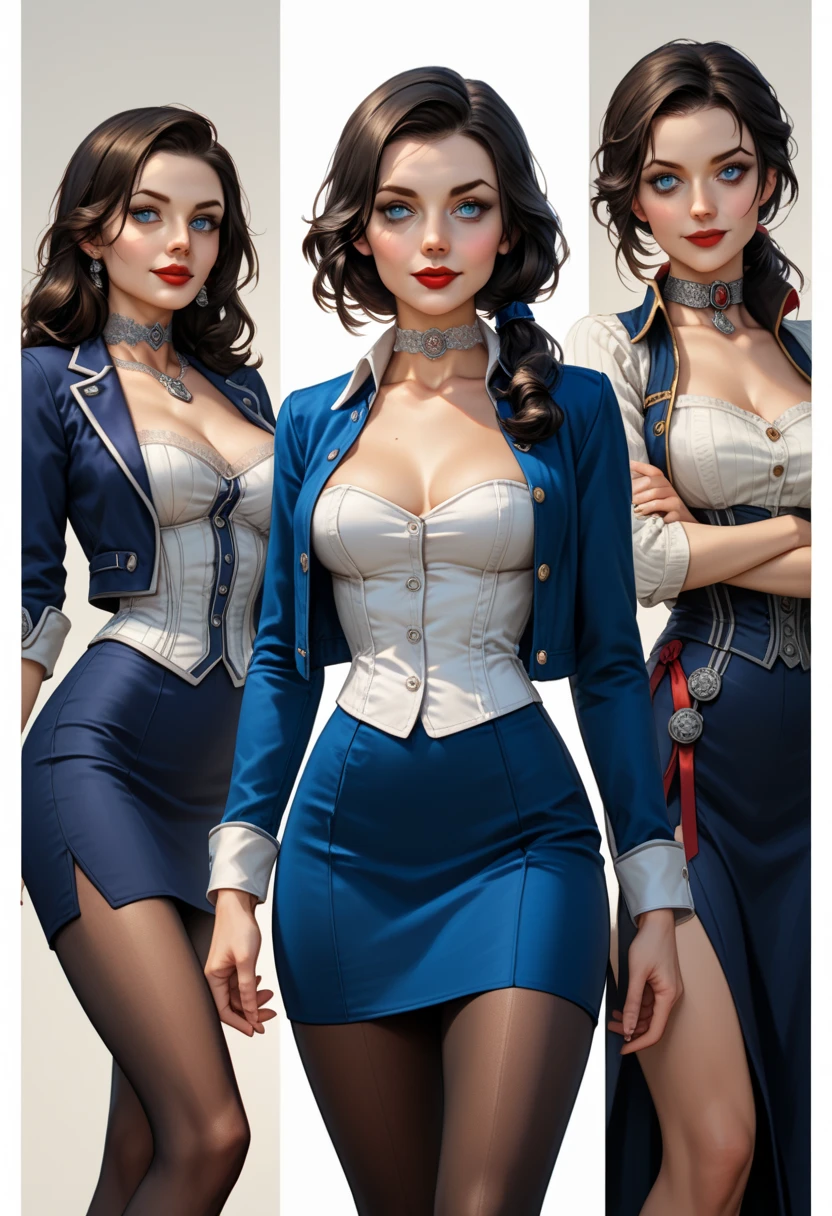 1woman, solo; Elizabeth Comstock from "Bioshock Infinite"; long loose hair gathered in a low ponytail, dark hair, pale skin, blue eyes, red lips, light smile, ultra-detailed face, detailed eyes; ribbed white corset with open top, tightly fitted blue bolero jacket, silver detailing on jacket, (cameo choker necklace), (blue, full a-line skirt with high slits), black detailing on skirt, (opaque pantyhose), {{calf-high black boots with low heels}}; wielding hand canon revolver, ((modeling poses)), (cowboy shot:1.27); 8k, 16k, high resolution, highres