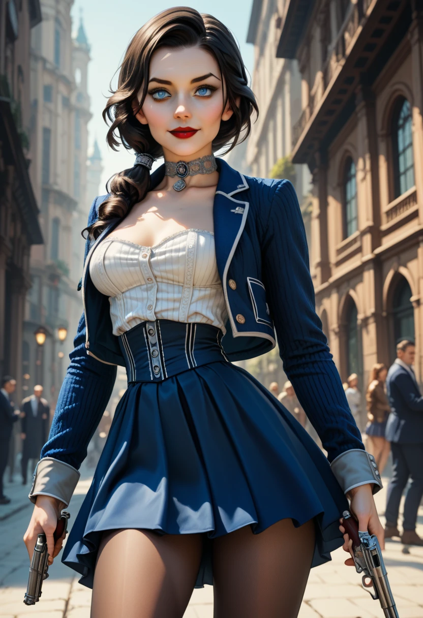 1woman, solo; Elizabeth Comstock from "Bioshock Infinite"; long loose hair gathered in a low ponytail, dark hair, pale skin, blue eyes, red lips, light smile, ultra-detailed face, detailed eyes; ribbed white corset with open top, tightly fitted blue bolero jacket, silver detailing on jacket, (cameo choker necklace), (blue, full a-line skirt with high slits), black detailing on skirt, (opaque pantyhose), {{calf-high black boots with low heels}}; wielding hand canon revolver, ((modeling poses)), (cowboy shot:1.27); 8k, 16k, high resolution, highres