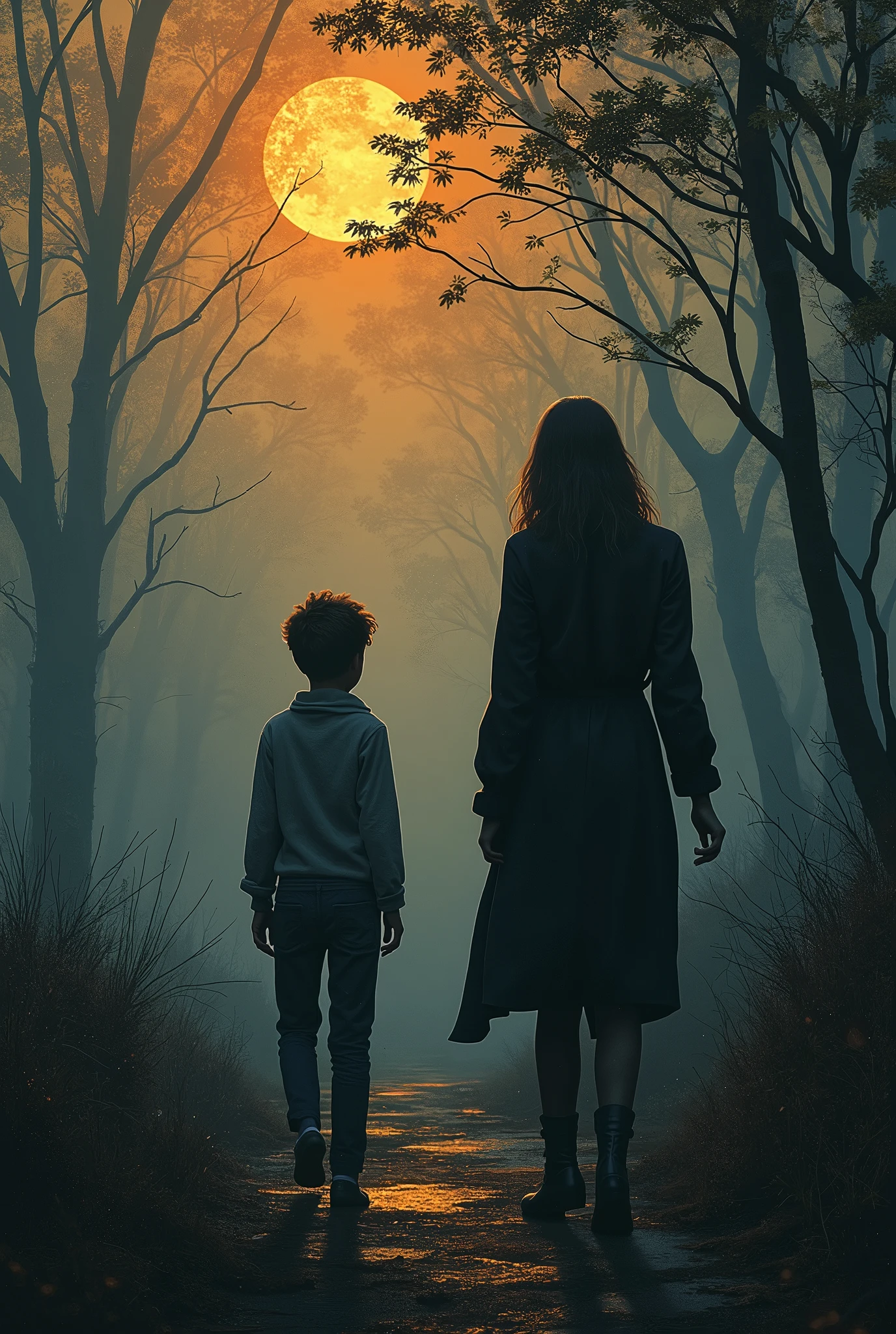 There are two people walking down a path in the woods - SeaArt AI