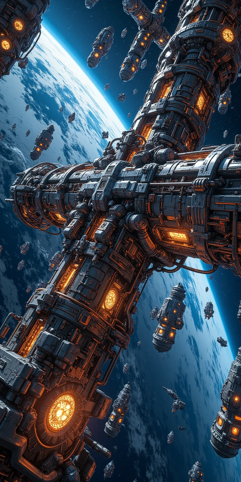 Huge structure\(space base,space station.3d,realistic,huge, gigantic, very detailed.great focus of station, beautiful bokeh, mechanical parts, cable, wires, machinery,dynamic angle,drifting galaxy,glowing, complex, labyrinth-like structure\),many space ships. masterpiece, best quality, perfect anatomy , very aesthetic , absurdres. at outer space,dynamic angle,Perspective distortion,telephoto, asymmetry,geographic