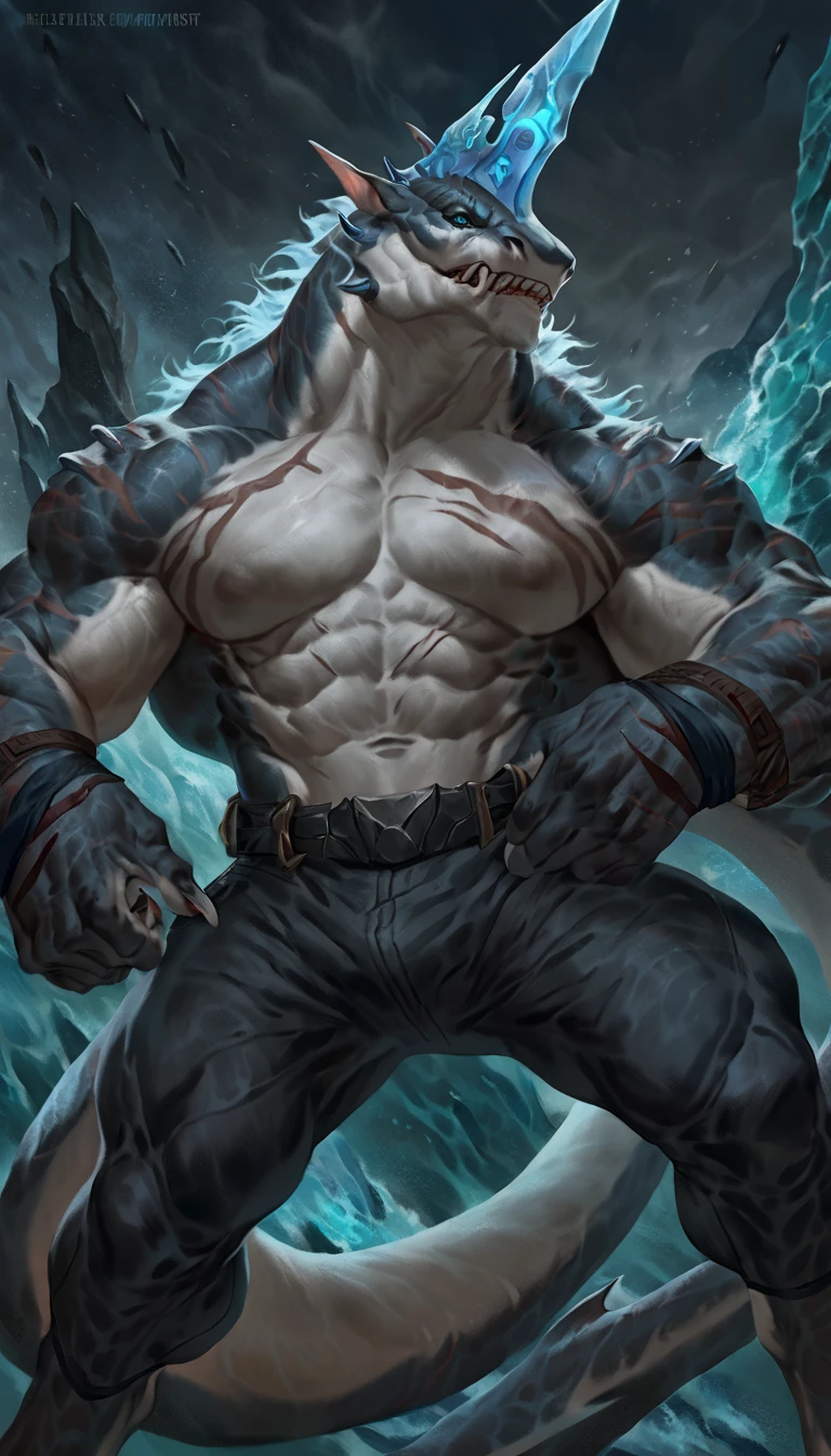 Muscular anthro shark, solo, monster, rune knight, scars on body, 1male solo, muscular, small waist, thick shark tail, thick arms and legs, marked detailed jaws, open jaws, big pecs, pants, full body, comicbook style, best quality, 4k, ultra-detailed, by laobai, by taran fiddler, by honovy, by null-ghost, by thebigslick, underwater scenery, night, darkness