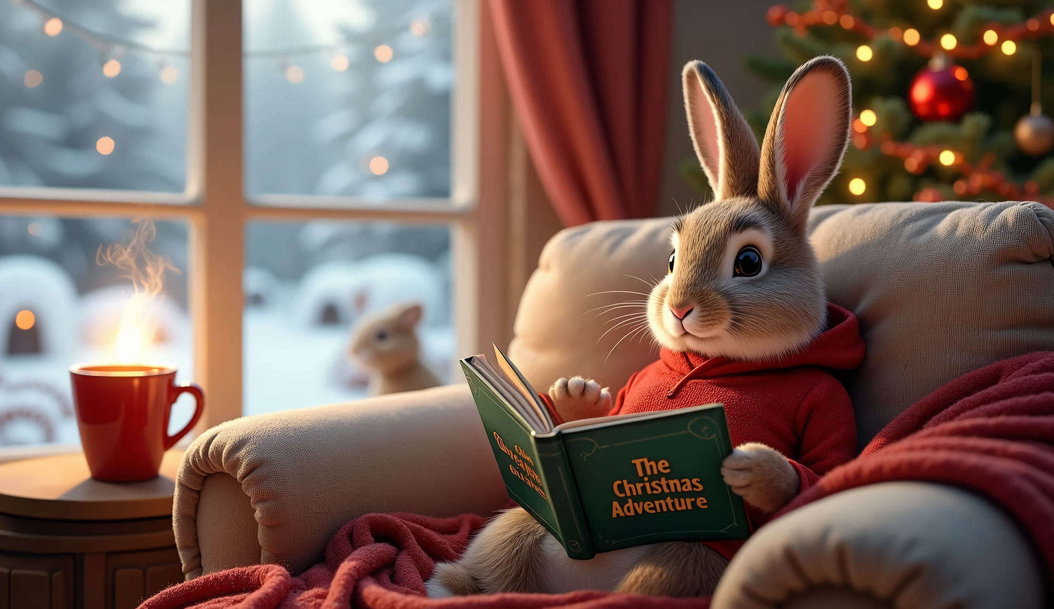 Araffe reading a book while sitting on a couch in front of a christmas ...