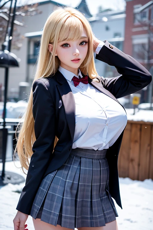 albino　Long Hair　Japanese high school girl in her early teens　Alluring expression　Voluptuous　Super big breasts　Perfect Style　School Uniform　Ultra mini skirt　get on the bus　Photorealistic