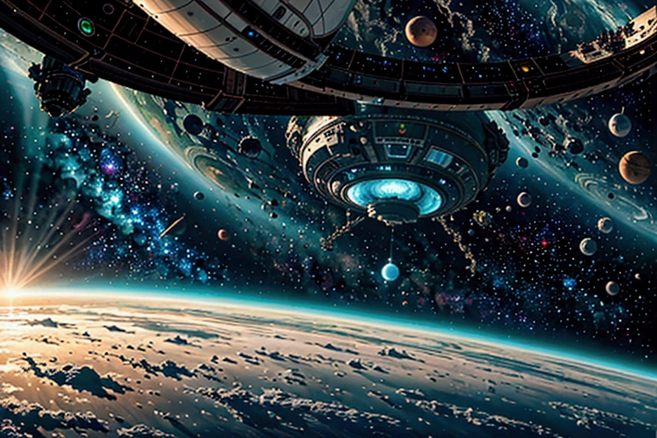 (best quality, 4k, 8k, high resolution, masterpiece: 1.2), ultra detailed, (realistic, photorealistic, photorealistic: 1.37), professional photography.A futuristic space station orbiting a planet similar to Earth, featuring an advanced and sleek design inspired by 22nd-century technology. The station includes large rotating rings for artificial gravity, extensive solar panels capturing sunlight, and glowing lights that contrast beautifully with the dark expanse of space. Surrounding the station are small spacecraft docking and departing, while the planet below showcases vibrant blue oceans and lush green continents. The scene is highly realistic, emphasizing metallic textures and subtle reflections. The background features bright stars and colorful nebulas, adding a captivating sci-fi atmosphere.