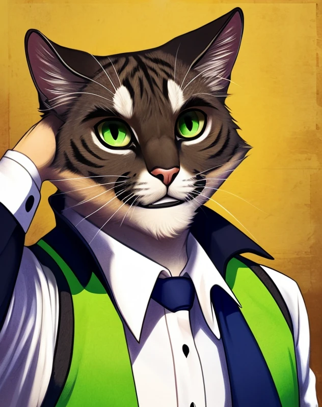  cat He has a mixed coat color:  The base is light with dark stripes .  He is wearing a green vest with vertical stripes and a white shirt . He also wears black , .  The character has bright green eyes and an expressive face with sharp black by. Generally,  He looks like a charismatic and elegant business-style character .