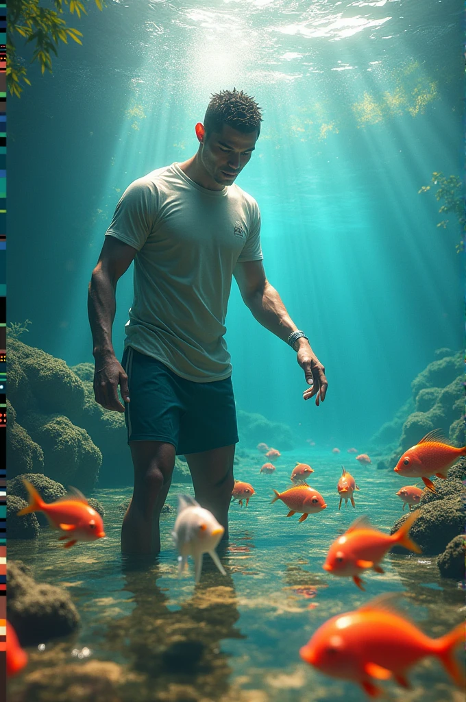 A fit handsome naked and muscular black man, bodybuilder physique, red swim briefs, a diver swimming in a vibrant underwater setting, full body image, seen from below