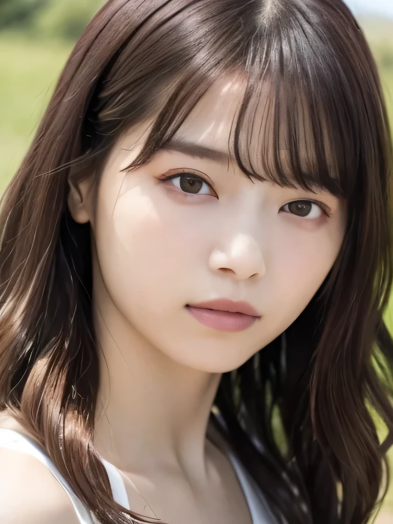   Masterpiece 、 top quality,  super high resolution、8k，  Photos 、 1 girl, ( Big Breasts :1.3), deep cleavage、  bright ,  blurry background, ( asymmetrical bang 、Super Long Wavy Hair :1.5), （A loose open-necked blouse）、Round face、Young Face、Natural Cosmetics 、 sad、grassland、Spring Sky、Gentle sunlight
