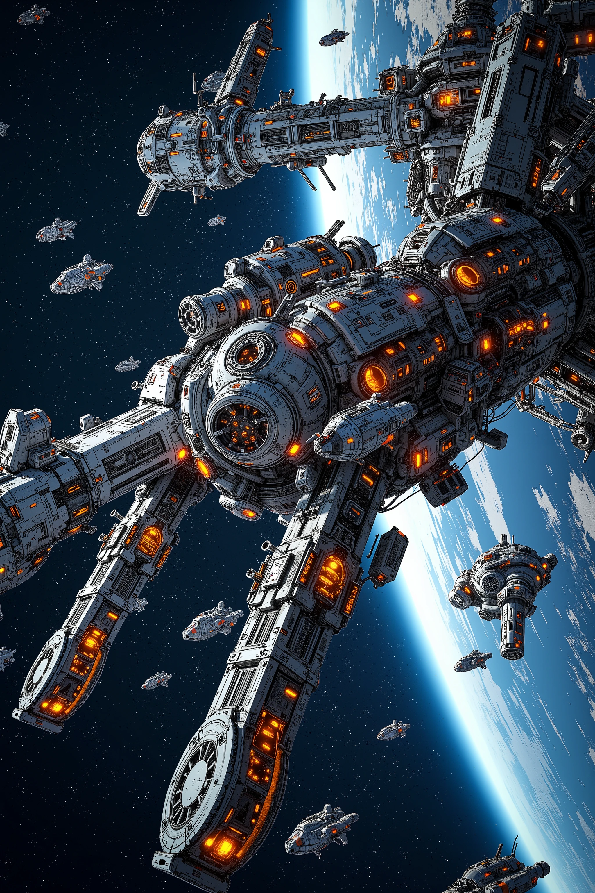 Huge structure\(space base,space station.3d,realistic,huge, gigantic, very detailed.great focus of station, beautiful bokeh, mechanical parts, cable, wires, machinery,dynamic angle,drifting galaxy,glowing, complex, labyrinth-like structure\),many space ships. masterpiece, best quality, perfect anatomy , very aesthetic , absurdres. at outer space,dynamic angle,Perspective distortion,telephoto, asymmetry,geographic