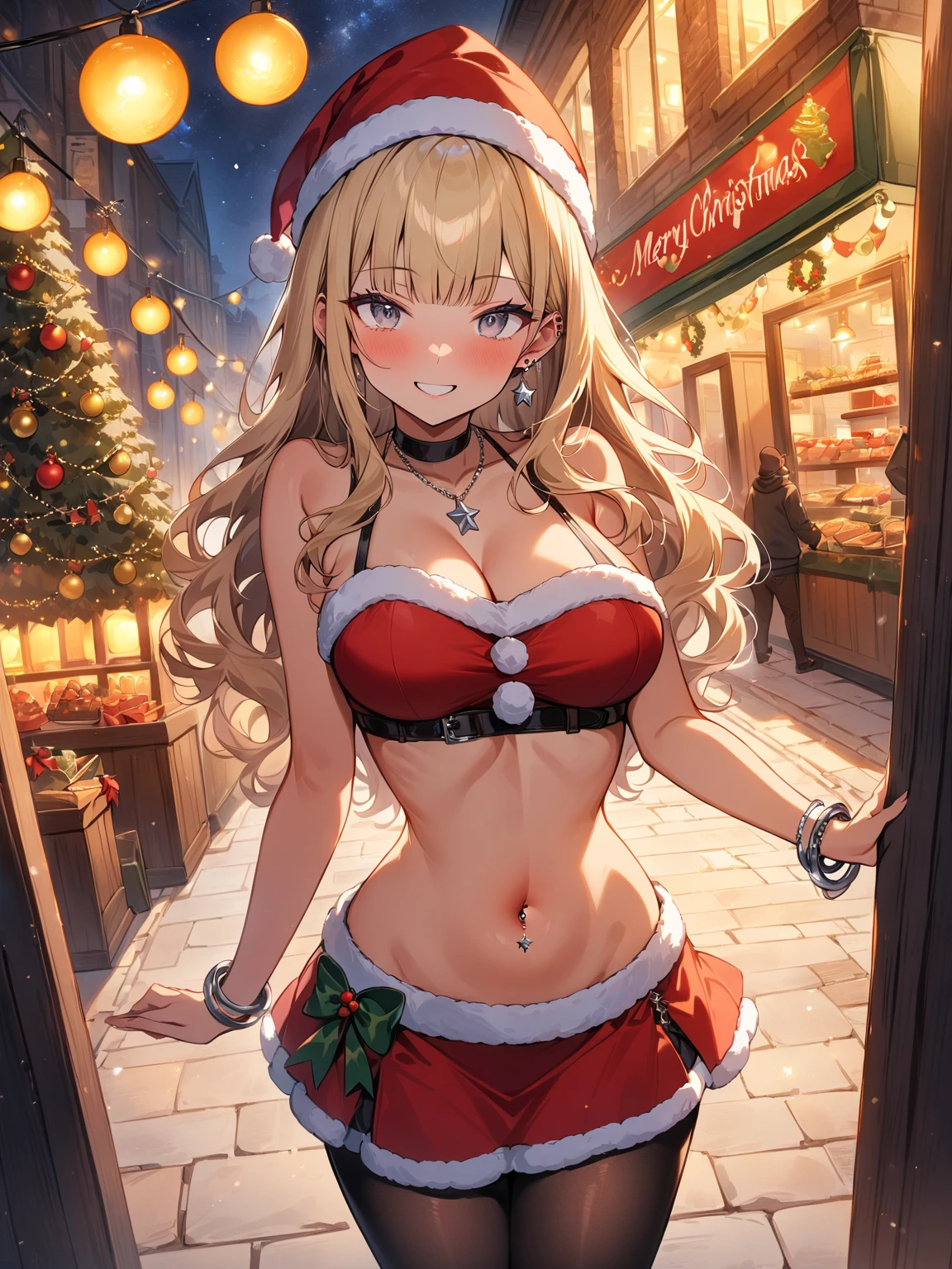 top-quality、Top image quality、​masterpiece、Angle seen from the side、Beautiful Elf Woman((20yr old、Best Bust、big bast、Bust 90,Beautiful long hair、A slender、a closeup、Esbian、Beautiful underwear、hiquality、Beautiful Art、Luxury hotel in the city、masutepiece、visualart、depth of fields、、、🎵、Happy smile、Red Santa Hats、Winters、Beautiful legs that are gentle on the skin、、Number of fingers to achieve precise finger movements、nffsw、nffsw、Kime Pose！Blonde head hair、、her clothes are white underwear、Fine embroidery、Beautiful pattern、Racing、Feet in white stockings、How about？seductiv、Spread the legitimate starry sky out to the window、beautiful night scene、Sexy mood、Christmas Eve、Christmas tree、Sexy Night.nffsw、Skin-tight sexy leggings and white stockings、Standing in front of the night view of the city covered entirely in glass、nsforgeous body stockings:1.3), (intricate lace:1.4), (Watch thoroughly:1.5),Looks three-dimensional when lit up、Skin Texture、Erotic