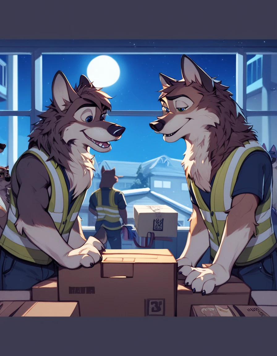 score_9, score_8_up, score_7_up, score_6_up, two adult very long haired anthro furry German shepherds wearing  safety vests sniffling boxes in the airport cargo hall, Disney art style, Zootopia style, balto character style, Night time, full moon, long body fur