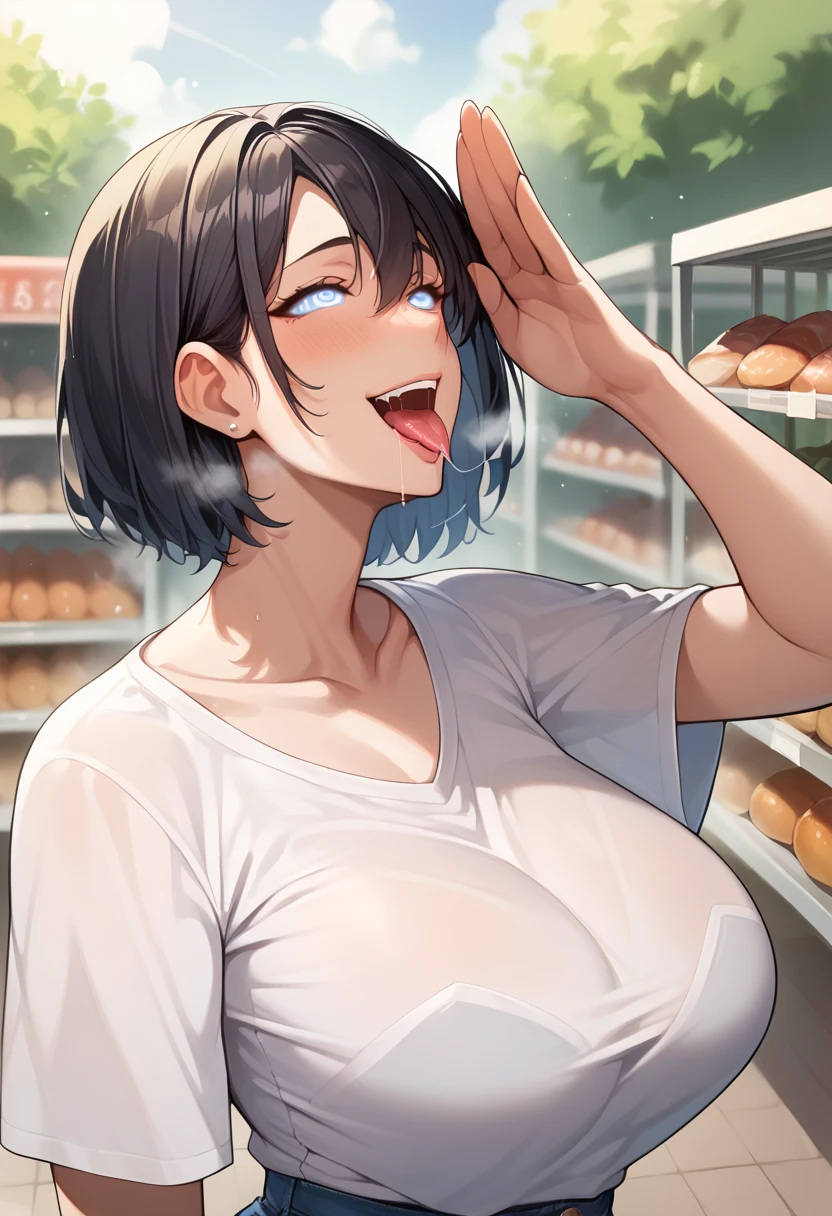 Score_9,Score _8_up,Score_7_up,Score_6_up,Source_anime,Solo beautiful mature female,looking up,charming,(large breast),wide hip,perfect body,beautiful detailed face,salute,blue eyes,black hair,hypnosis,laugh,dazed,tongue out,drooling,saliva,saliva trail,wearling white t shirts,blue jeans,Blush lines,steam,standing,in supermarket,upper body